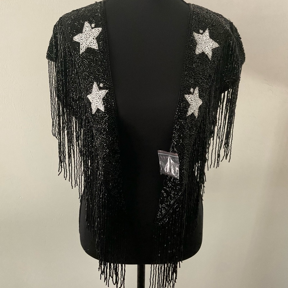 Black Beaded Fringe Cardigan with Silver Stars